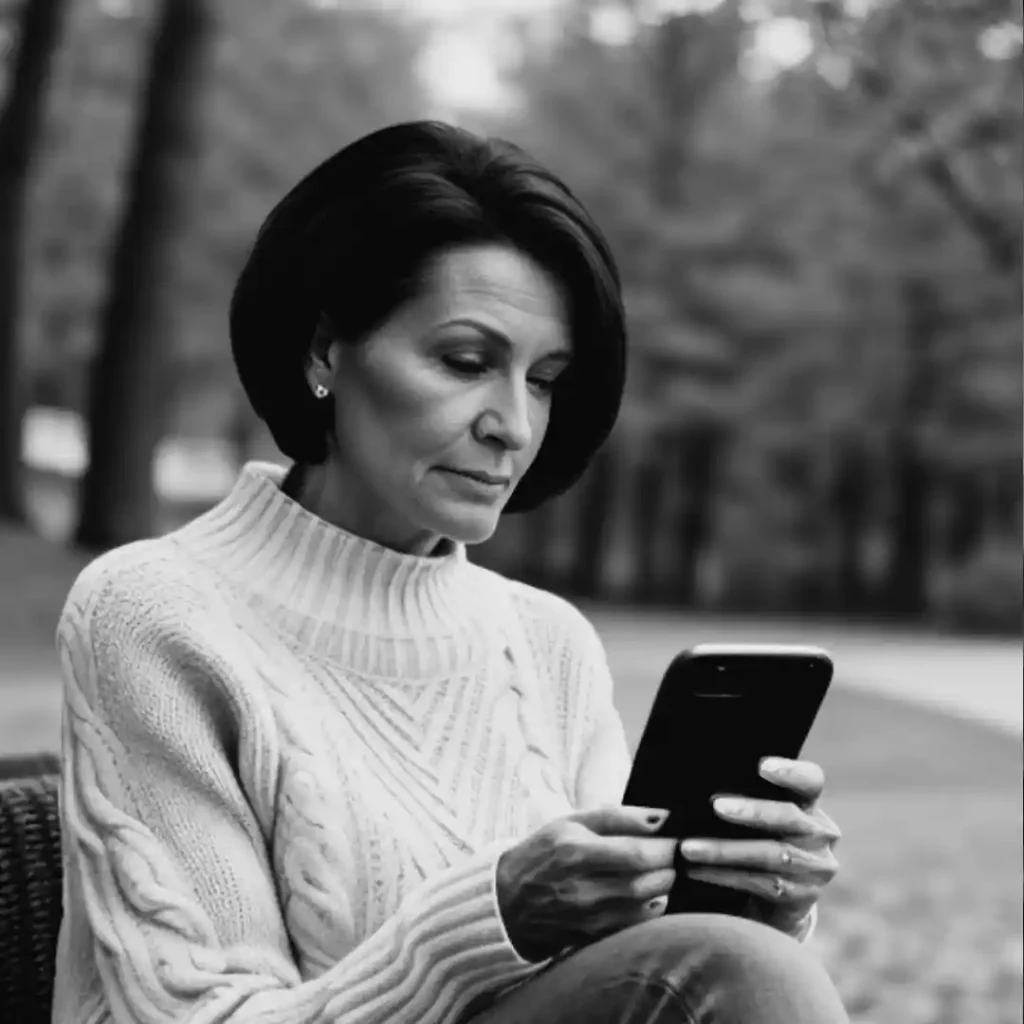 A 50 year old woman looking at her smartphone