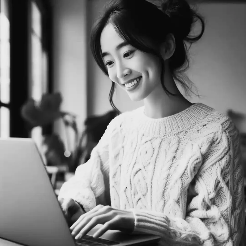 A smiling Chinese woman using her laptop