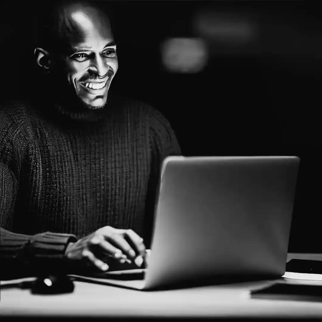 A smiling black man using his laptop