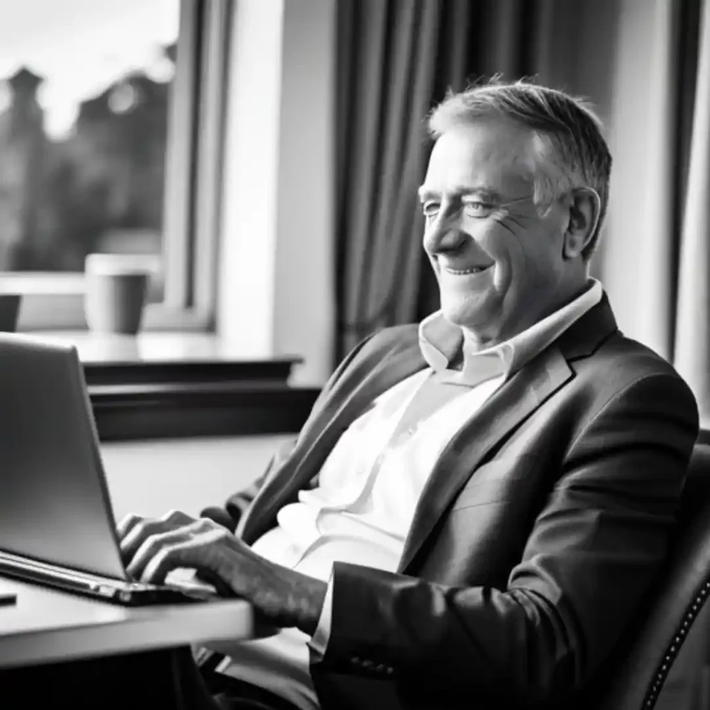 An elderly man looking at his laptop screen