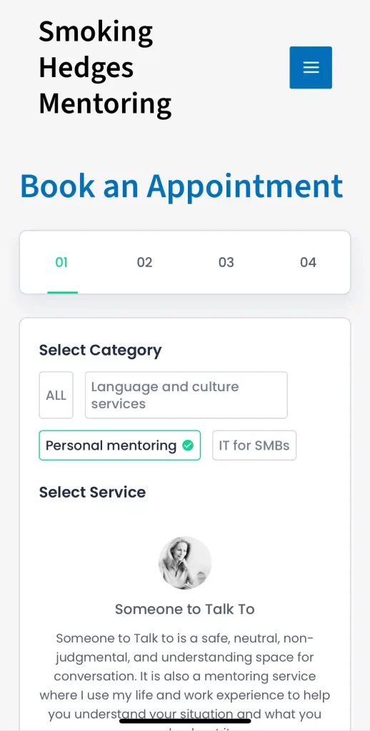 Smoking Hedges Mentoring booking page screendump