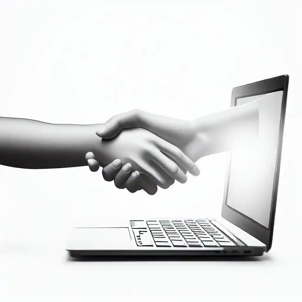 An arm coming out of a laptop screen, shaking hands with someone.
