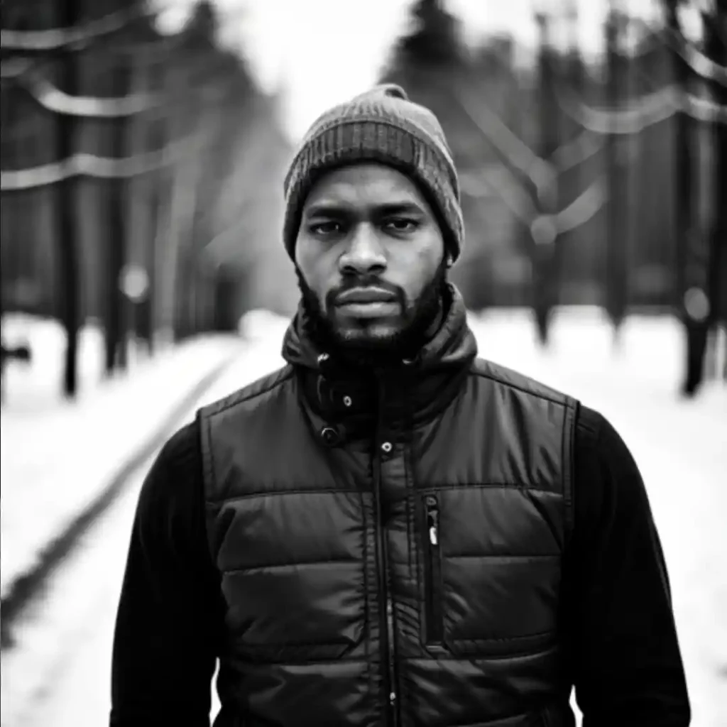 A man walking on a forest path in the winter, looking sad but determined