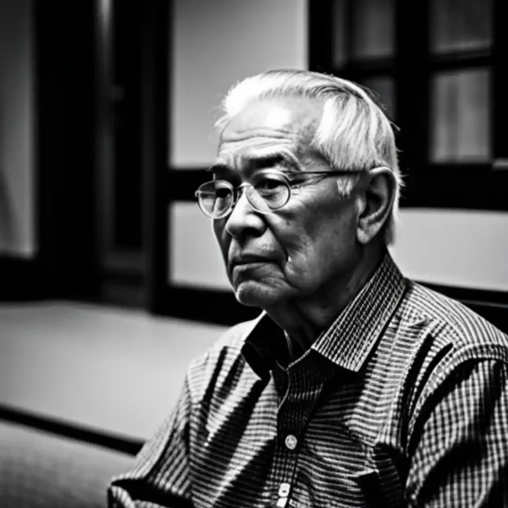 An old Japanese man looking sad but determined.