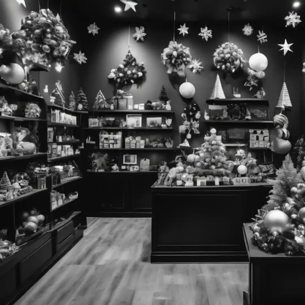 A shop full of Christmas decorations and presents