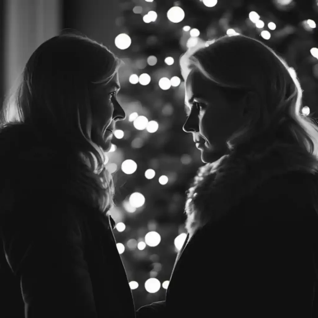 A woman comforting another woman in front of a Christmas tree