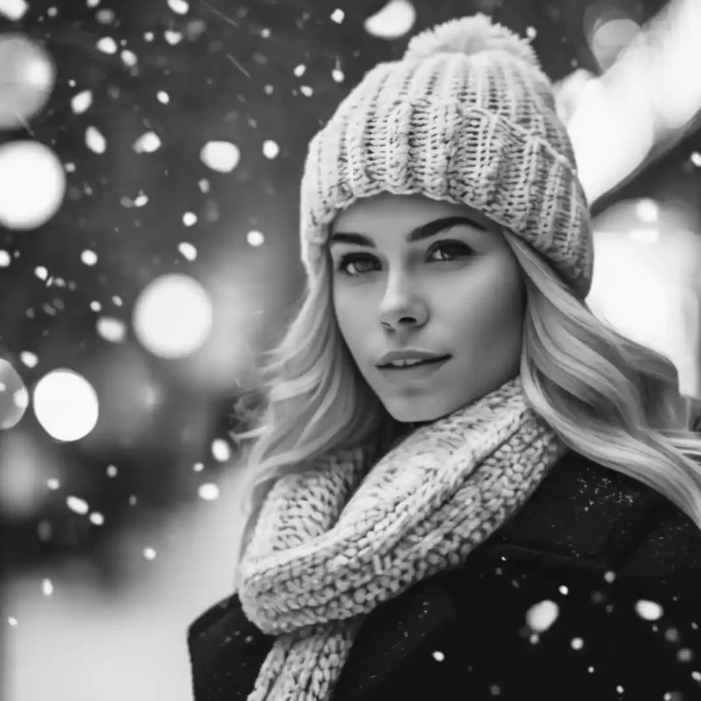 A young woman with a hopeful expression, snow is falling around her