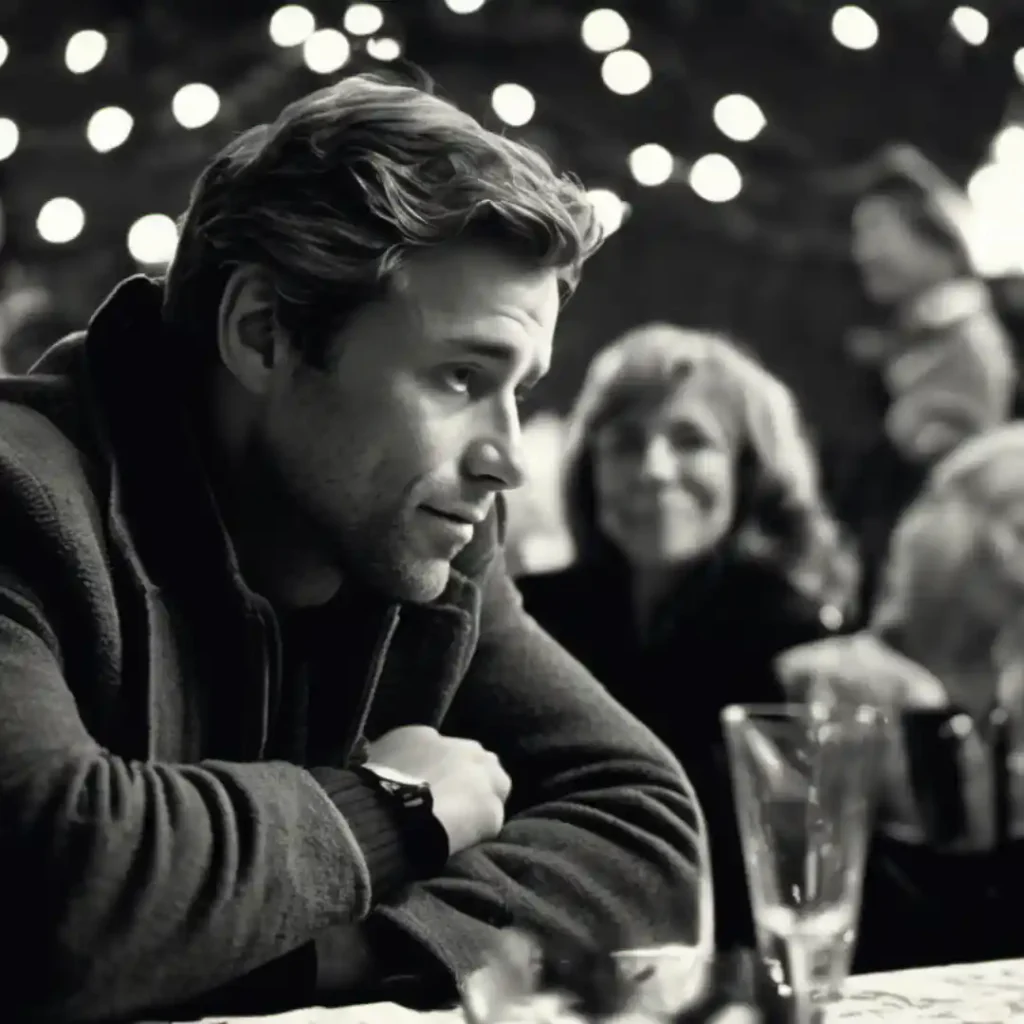 A sad-looking man sitting at a Christmas party table