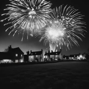 Fireworks over an English village