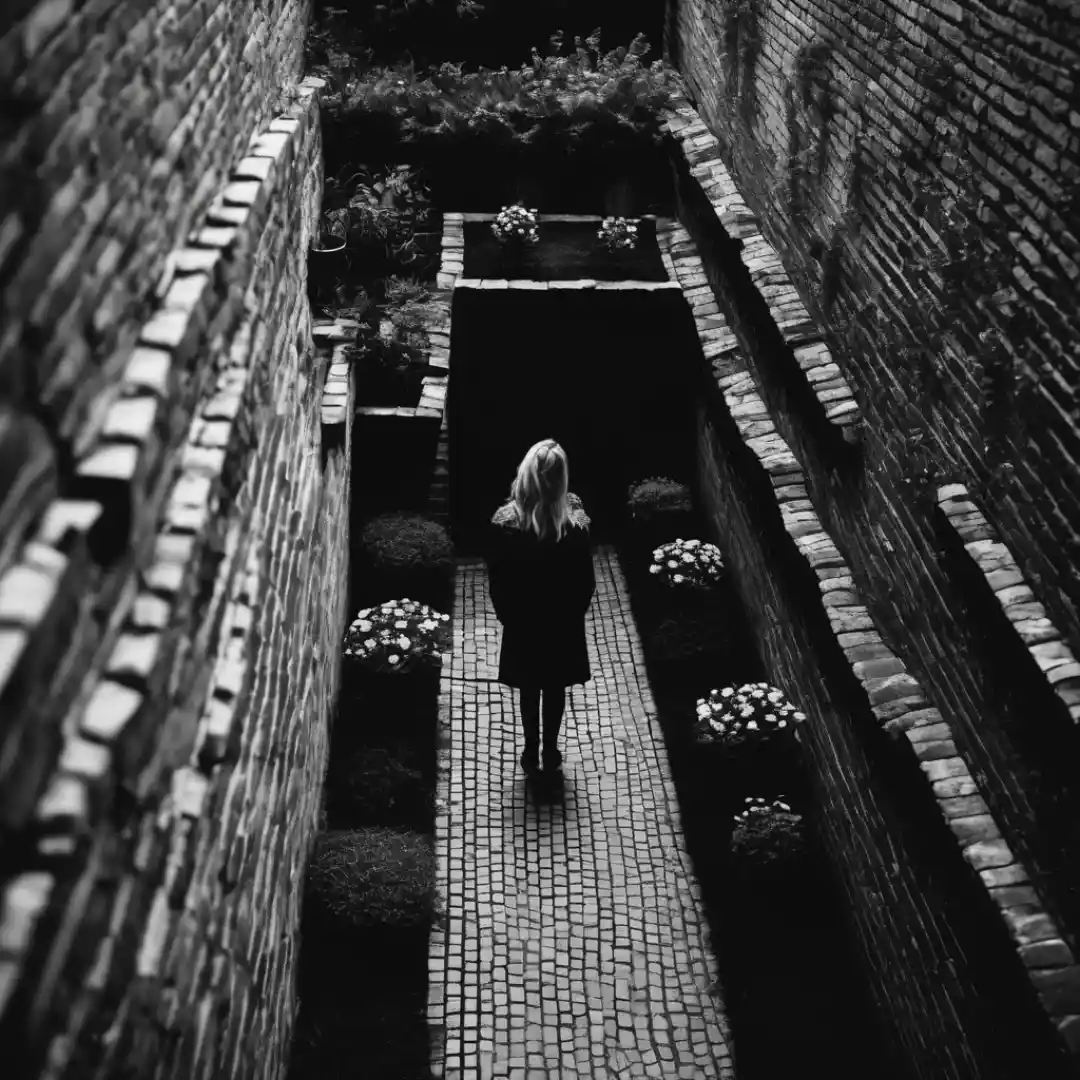 A woman standing alone in a small back garden.