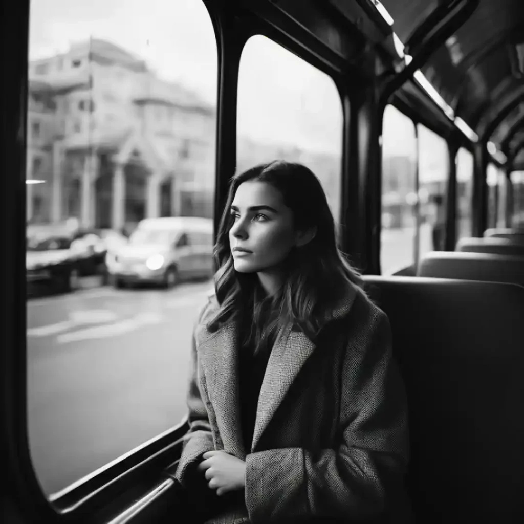 A woman sitting alone on a bus