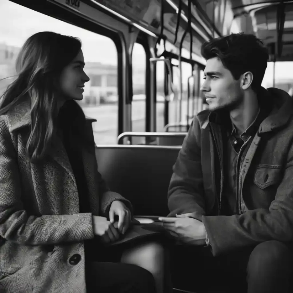 A woman and a man talking on a bus.