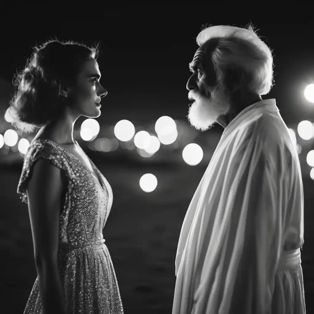 A very old man in a white robe arguing with a dress-clad young woman