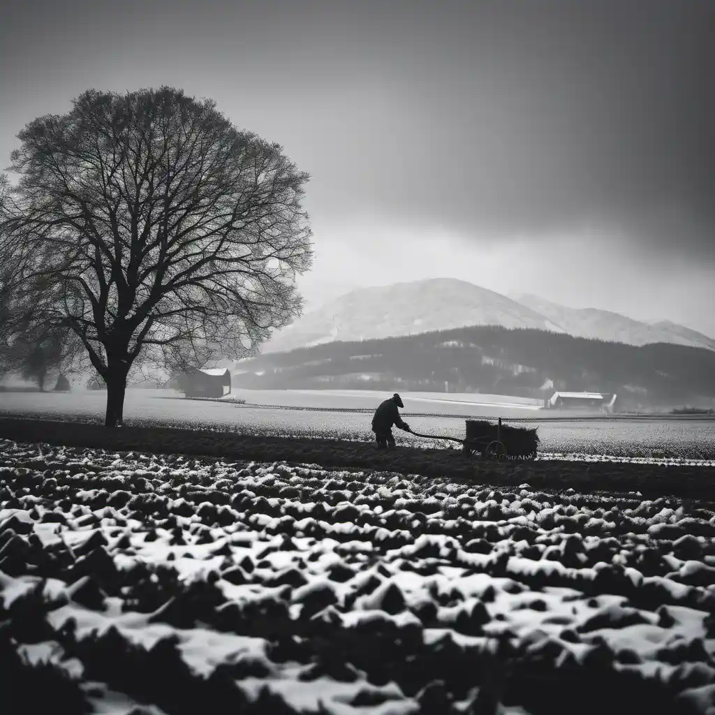 A man working on a field in the 1800s, there's snow on the ground.