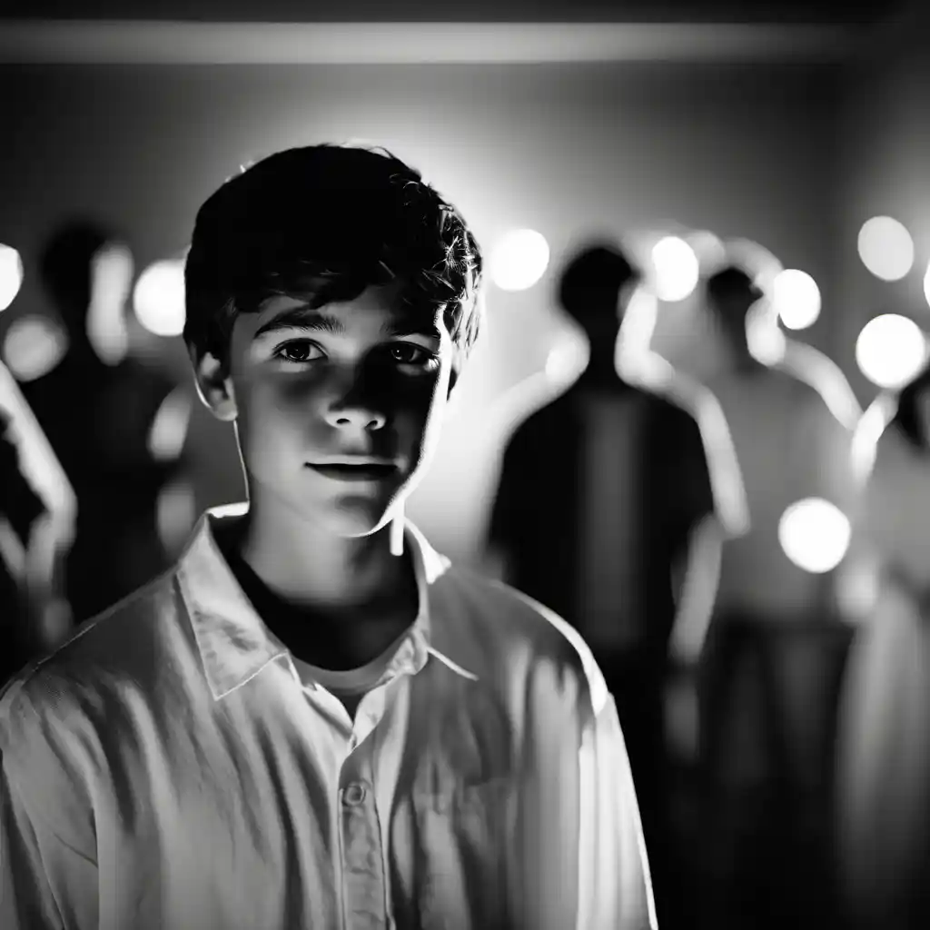 A happy-looking teenage boy standing in front of a hardly visible crowd.