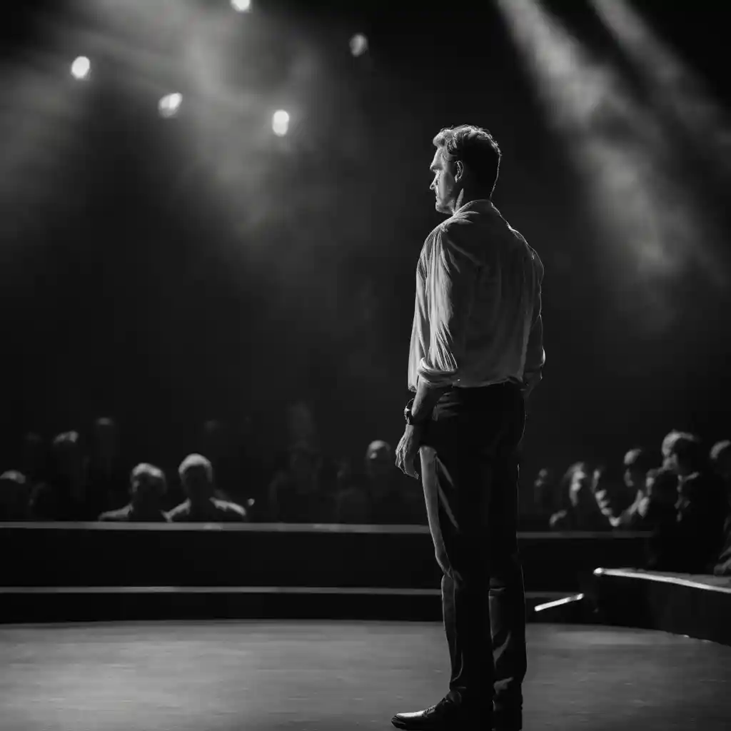 A man standing on a theatre stage with an audience looking at him.