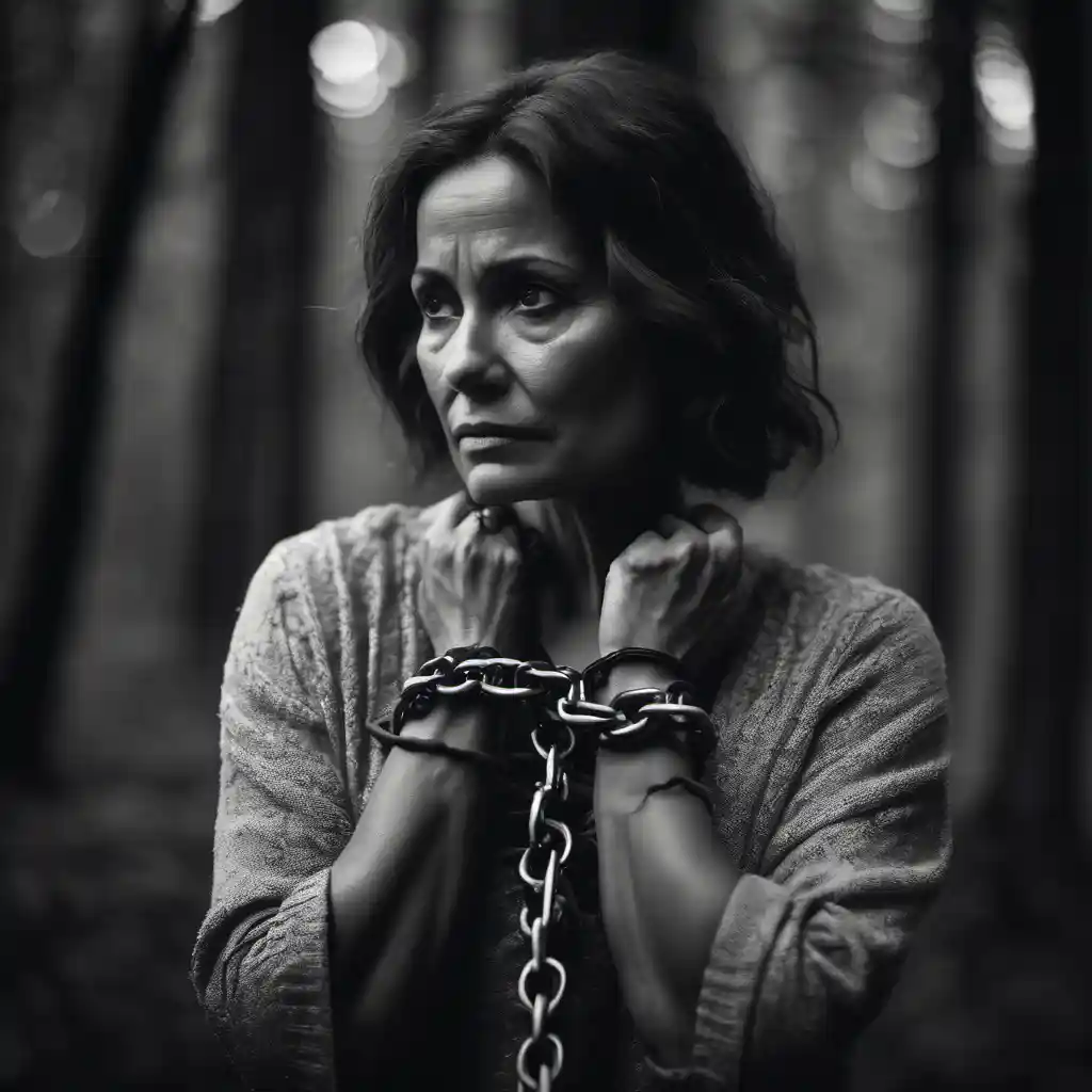 A sad-looking woman with chains around her wrists.