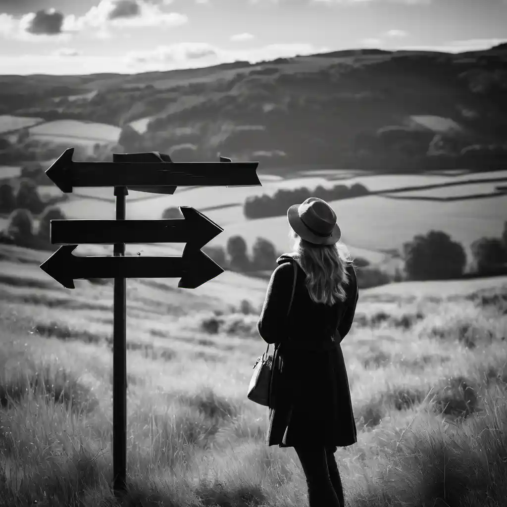 A woman looking at a road sign, trying to decide which way to go.