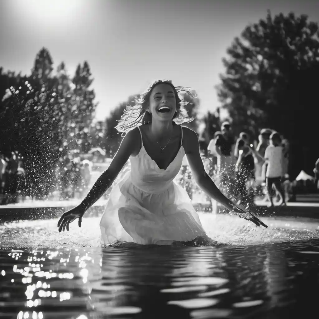 A happy-looking woman is paddling in a fountain.