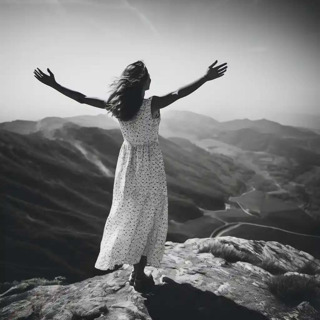 A young woman standing on the top of a mountain, spreading her arms out.