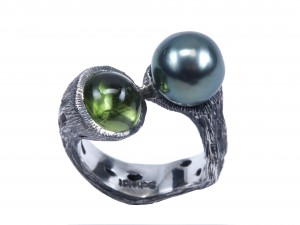 Peridot grøn tahiti perle tahitiperle blå oxyderet sølv
