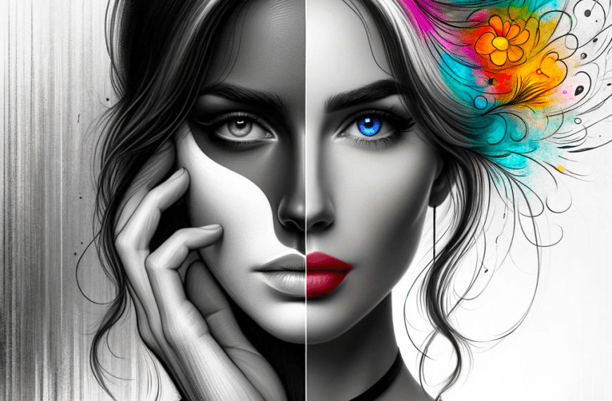 Bipolar seksualitet: Todelt bilde av et kvinneansikt. Ene delen er grå og trist, andre delen er fargerik.
