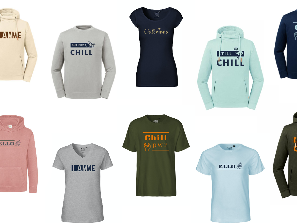 Logo ontwerp en ontwerp van kledij prints voor deze nieuwe webshop Chillstore van ondernemers Filip en Emmelie.