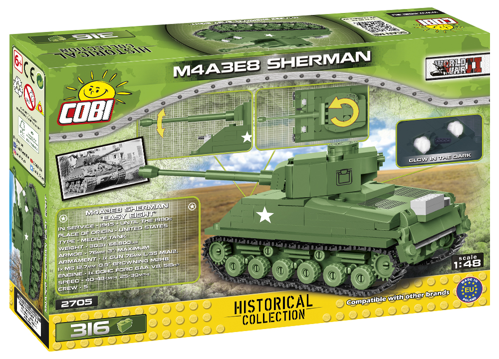 Blocs De Construction COBI 2705 – Kit Char Sherman M4A3E8 – 315 Pièces – Échelle 1/48 – Compatible Autres Marques