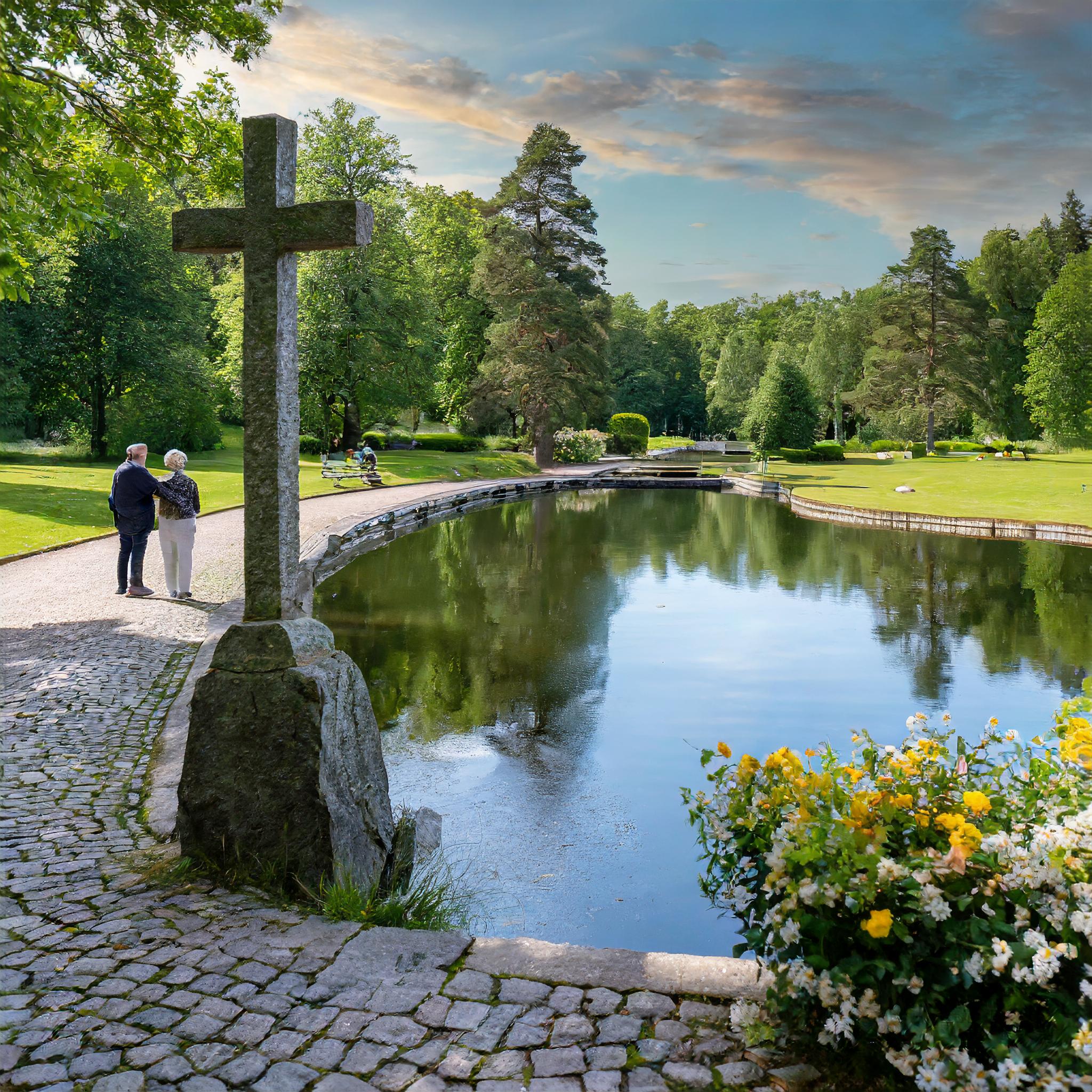 Firefly a small paved pond in a park. there is an approx. 2 meter high stone cross next to it that s