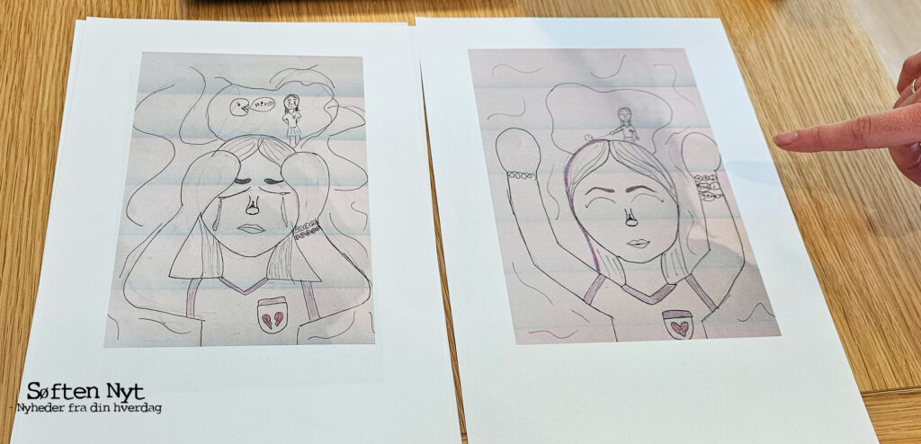 Tegningerne er lavet af den samme pige, hvor hun da hun kom til Nina første gang havde mange tanker i hovedet, der gjorde hende ked af det. Tegningen til højre viser, at efter hun havde været i behandling ved Nina Kristensen, så holder pigen selv tankerne i snor og har kontrollen over dem. Nu er hun glad igen, og det hjerte, der var gået i stykker, det har fået et plaster på. Foto: Anders Godtfred-Rasmussen - Søften Nyt.