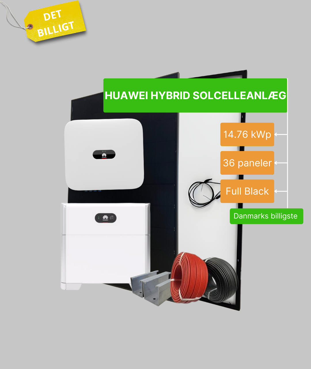 Komplet 15 kWp. Huawei hybrid solcelleanlæg