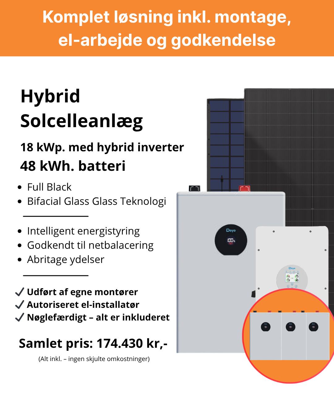 18 kWp Hybrid Solcelleanlæg med 48 kWh Batteri