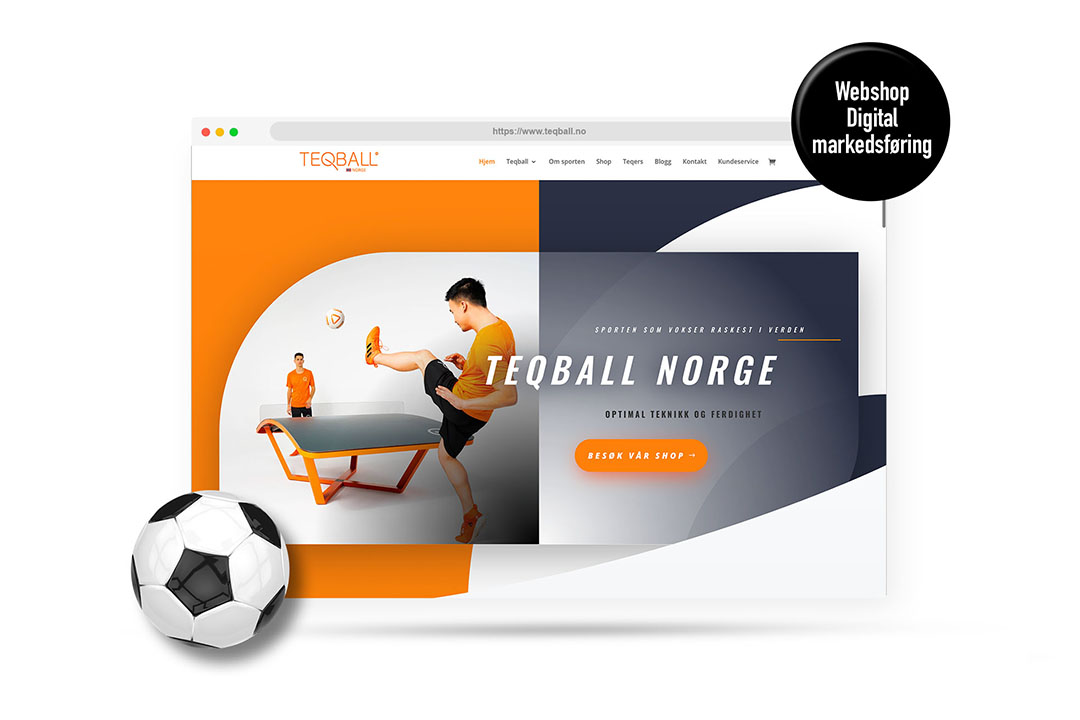 Illustrasjon av nettsiden til Teqball Norge. To menn sparker ball over et buet bord.