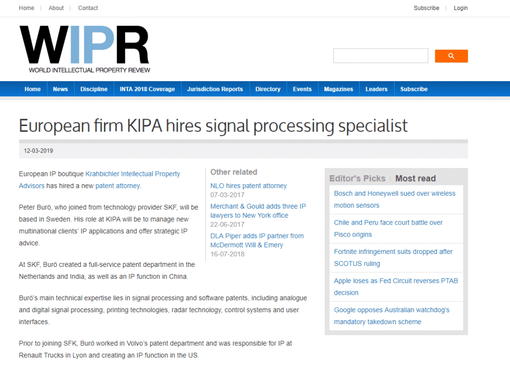 Media mentions for Press release: “European firm KIPA hires signal processing specialist”