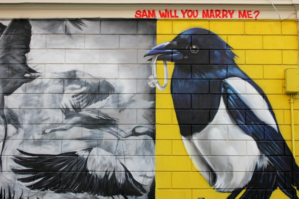 Graffiti von Elster mit Ring im Schnabel in Rotterdam in der Witte de With Straat