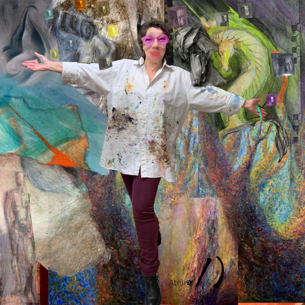 Sonja Bunes in a digital collage of her minds studio Ateliér . / & )