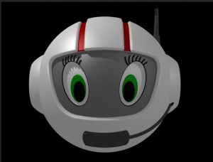 CosmoBally. She wears a white helmet with an antenna and radio microphone, and has big, green eyes.