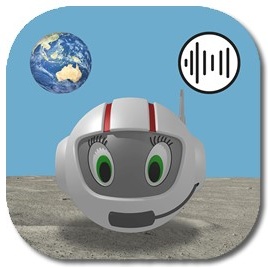 Icon educational sonification app for young students, 'CosmoBally on Sonoplanet'. Astronaut CosmoBally wearing a headset, Earth in background.