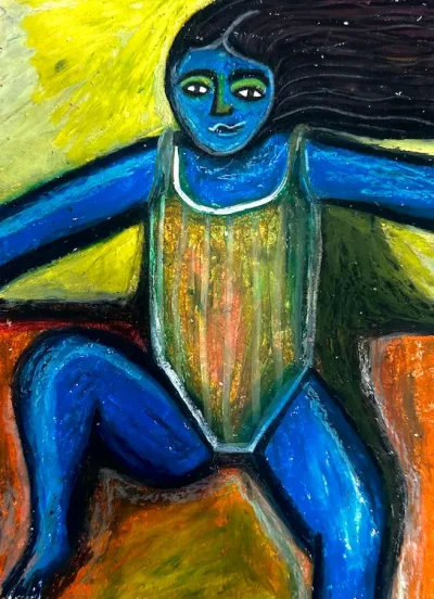 i felt overwhelmed er et maleri af en abstrakt kvinde i mange farver af sophie ohmsen