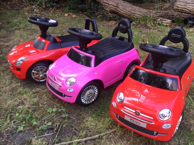 Set of 3 Ride on Cars - Fiat 500 Mercedes Benz Foot to Floor Birthday Party hire