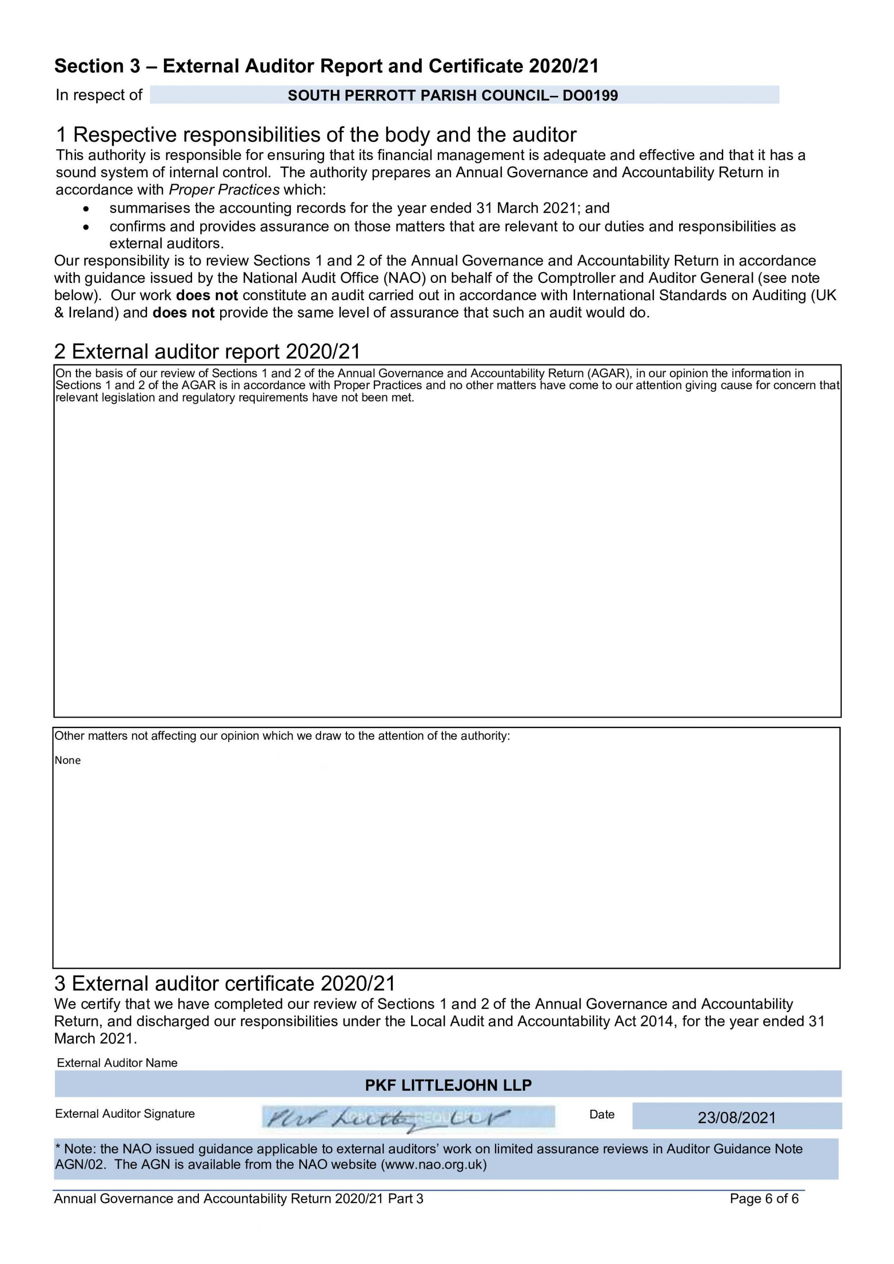 Section 3 - Annual Governance Statement (External Auditor Report) 2020-21