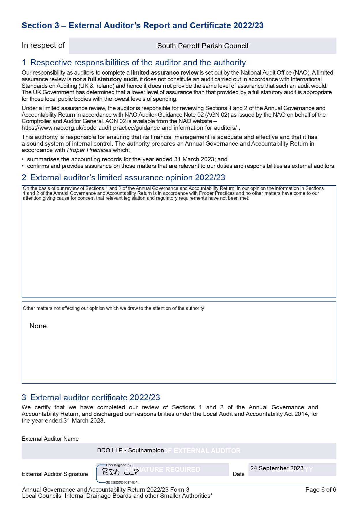 Section 3 - Annual Governance Statement (External Auditor Report) 2022-23