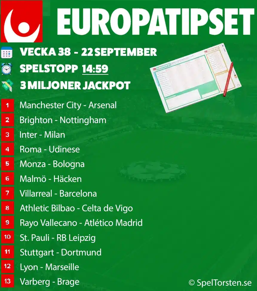 Europatipset Söndag 22 September - Jackpot 3 Miljoner