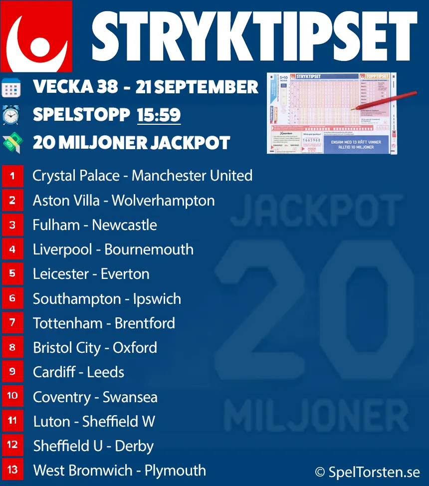 Stryktipset Lördag 21 September - Jackpot 20 Miljoner