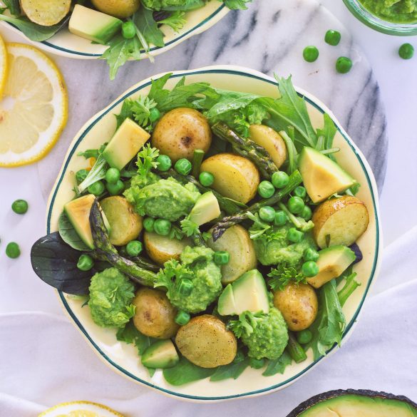 Crispy Potato Salad with Pea Purée, Roasted Asparagus, and Avocado (Featured)