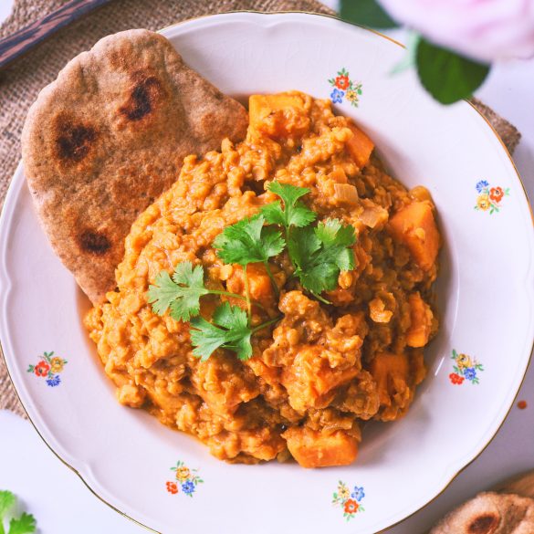 Coconut Sweet Potato Red Lentil Curry (overhead)