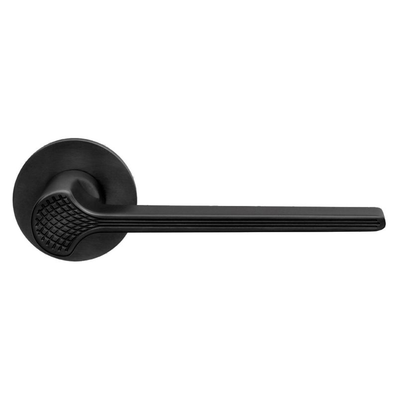 Hardbrass - Deurkruk Ginkgo Biloba op rond FINE rozet zwart