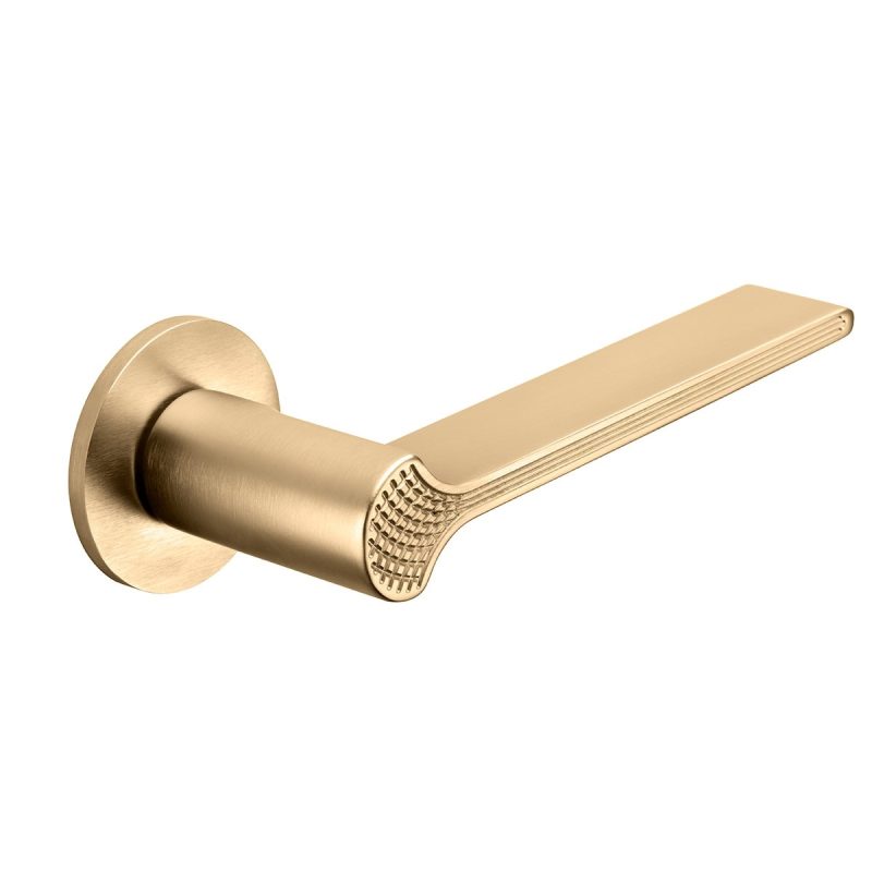 Hardbrass - Deurkruk Ginkgo Biloba op rond FINE rozet PVD Warm Goud