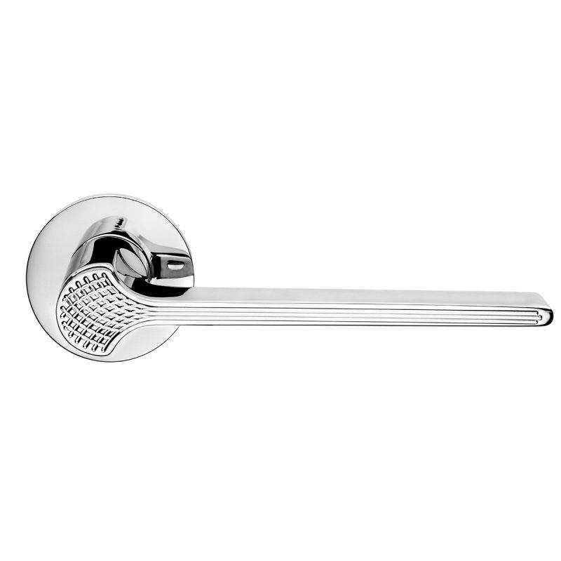 Hardbrass - Deurkruk Ginkgo Biloba op rond FINE rozet chroom