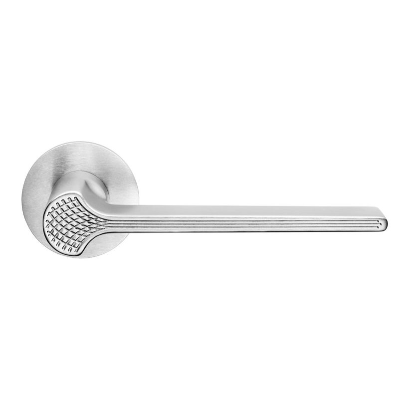 Hardbrass - Deurkruk Ginkgo Biloba op rond FINE rozet mat chroom